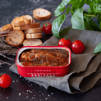 Image of an Open Tin of Ferrigno La Bonne Mer Sardines with Organic Tomatoes and Basil