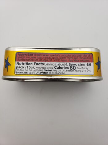 Image of Rizzoli anchovies in spicy sauce side of tin nutritional label