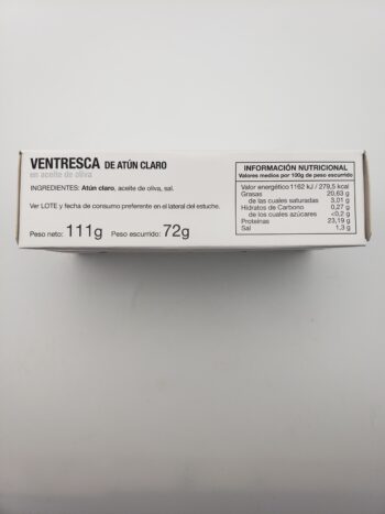 Image of Yurrita Yellowfin ventresca side label nutritional information