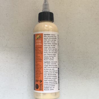 Image of the side panel of a bottle of Mary Manette Seacuterie Lemon Horseradish Sauce