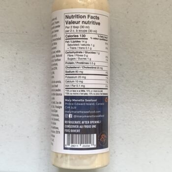 Image of the Nutrition Info Panel of a bottle of Mary Manette Seacuterie Lemon Horseradish Sauce