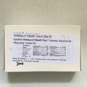 Image of the back of a package of Yurrita Ventresca of Yellowfin Tuna
