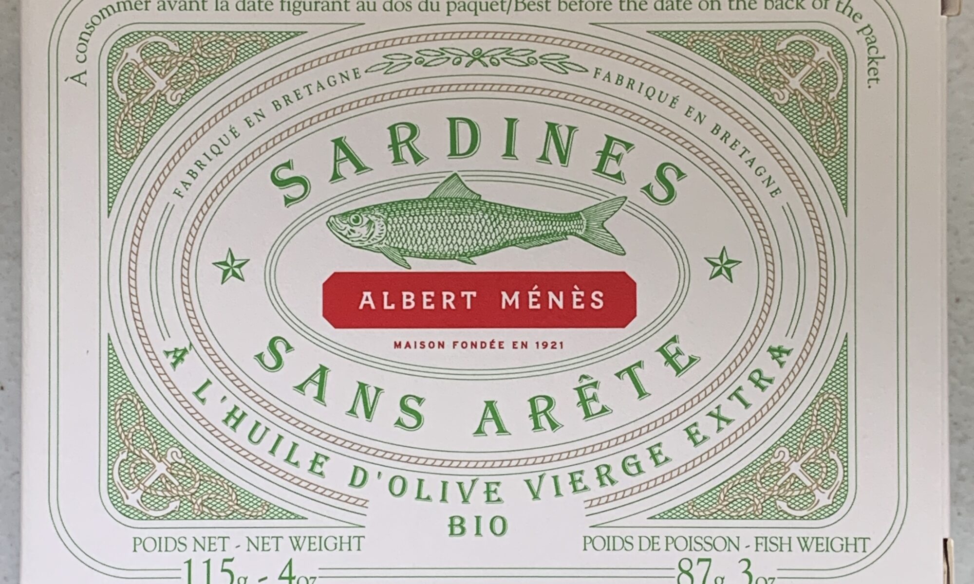 Image of the front of a package of Albert Ménès Boneless Sardines in Organic Extra Virgin Olive Oil