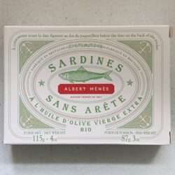 Image of the front of a package of Albert Ménès Boneless Sardines in Organic Extra Virgin Olive Oil