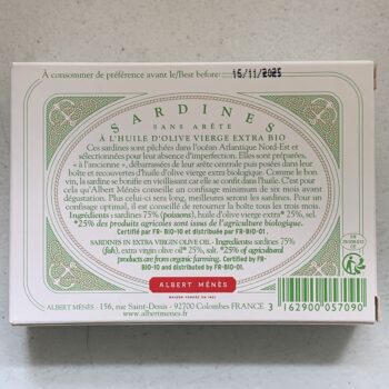 Image of the back of a package of Albert Ménès Boneless Sardines in Organic Extra Virgin Olive Oil