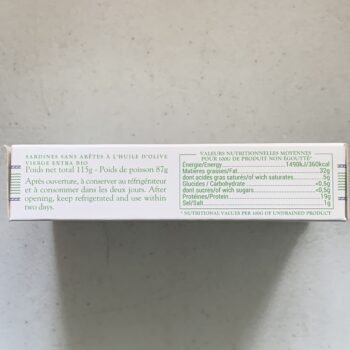 Image of the Nutrition Info panel of a package of Albert Ménès Boneless Sardines in Organic Extra Virgin Olive Oil
