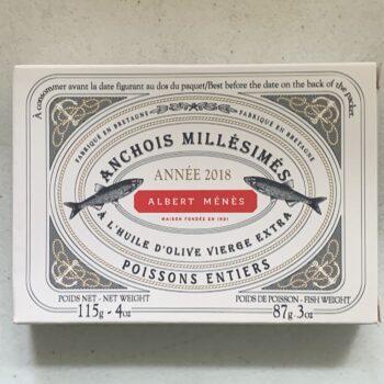 Image of the front of a package of Albert Ménès Vintage Whole Anchovies, 2018