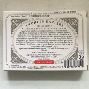 Image of the back of a package of Albert Ménès Vintage Whole Anchovies, 2018