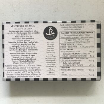Image of the back of a package of Real Conservera Ventresca of Yellowfin Tuna