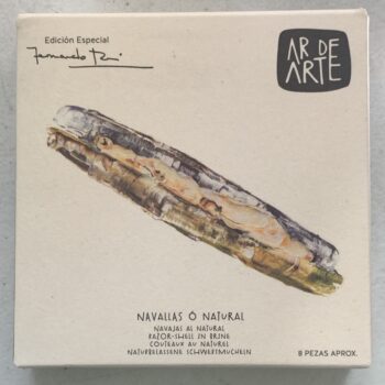 Image of the front of a package of Ar de Arte Razor Clams in Brine, Fernando Rei Edition