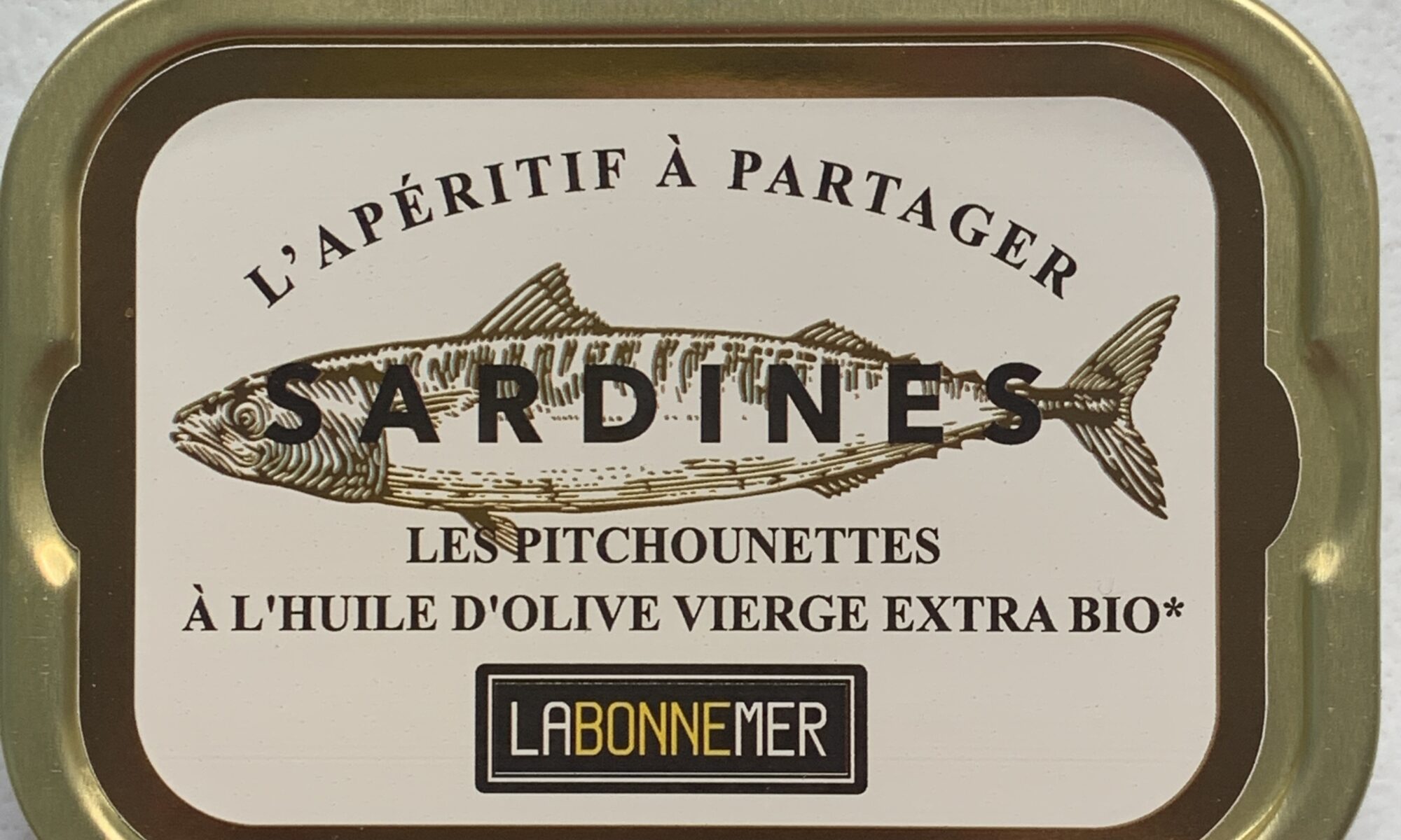 Image of the front of a tin of Ferrigno La Bonne Mer Small Sardines (Pitchounettes) in Organic Extra Virgin Olive Oil