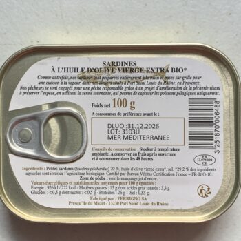 Image of the back of a tin of Ferrigno La Bonne Mer Small Sardines (Pitchounettes) in Organic Extra Virgin Olive Oil