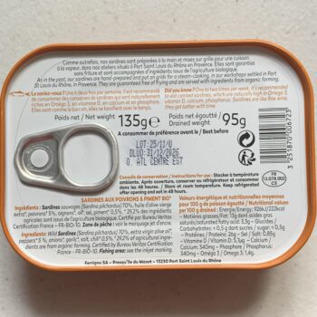 Image of the back of a tin of Ferrigno La Bonne Mer Sardines with Organic Pepper and Chili