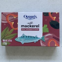 Image of the front of a package of Ocean's Mackerel Fillets with Olive, Red Pepper and Herbs