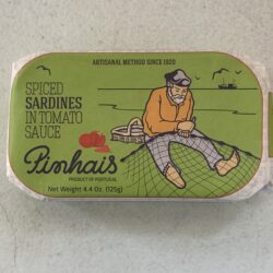Image of the front of a tin of Pinhais Spiced Sardines in Tomato Sauce
