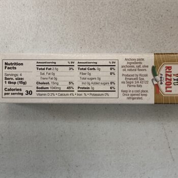 Image of the back of a package of Rizzoli Anchovy Paste