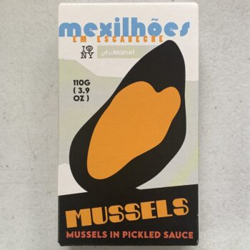 Image of the front of a package of Ati Manel Mussels in Escabeche