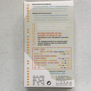 Image of the back of a package of Ati Manel Mussels in Escabeche