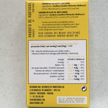 Image of the back of a package of Ati Manel Sardines in Olive Oil with Lemon