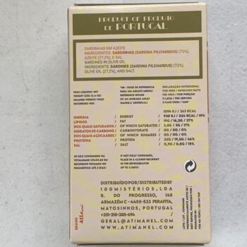 Image of the back of a package of Ati Manel Sardines in Olive Oil