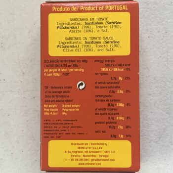 Image of the back of a package of Ati Manel Sardines in Tomato Sauce
