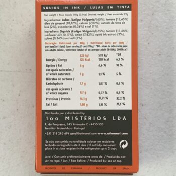 Image of the back of a package of Ati Manel Squid Pieces in Ink