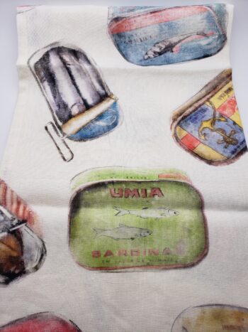 IMage of coucke linen sardine tin tea towel detail view