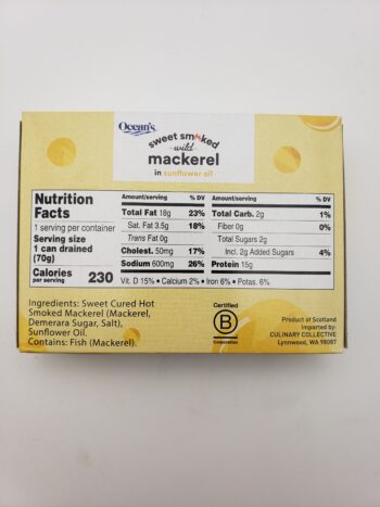 Image of Ocean's sweet smoked mackerel back label nutritional information