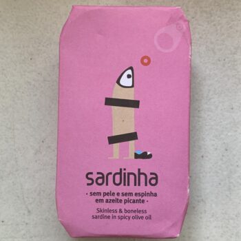 Image of the front of a package of Sardinha Skinless and Boneless Sardines in Spicy Olive Oil