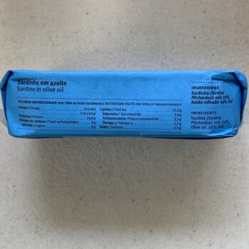 Image of the side panel of a package of Sardinha Sardines in Olive Oil