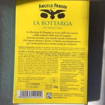 Image of the back of a package of Angelo Parodi Grated Mullet Bottarga (Salted, Dried Roe)