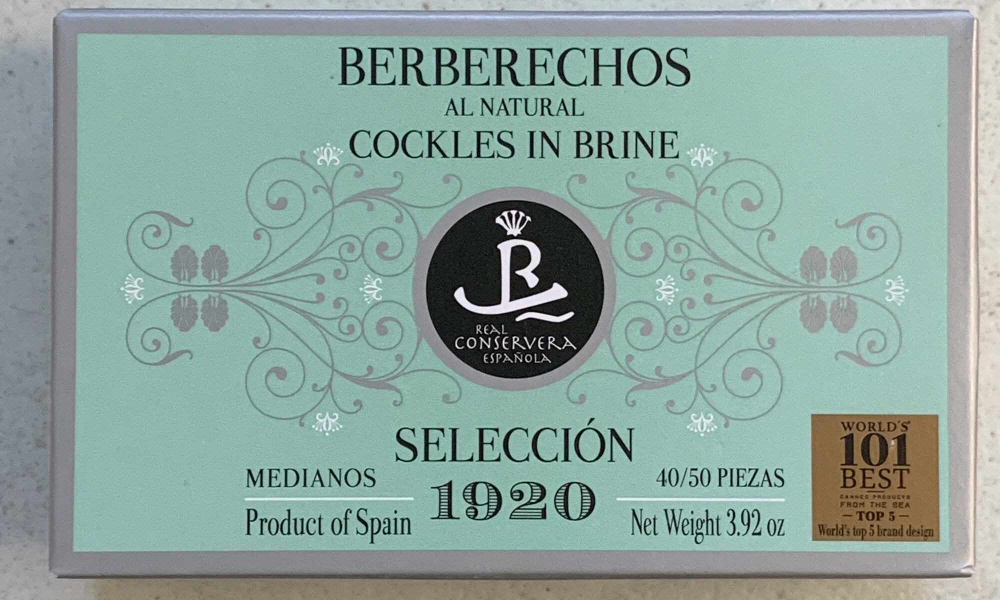 Image of the front of a package of Real Conservera Selección 1920 Cockles in Brine 40/50