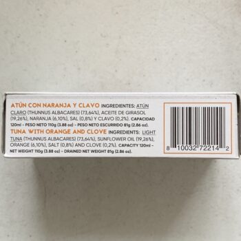 Image of the side panel of a package of Don Gastronom (La Narval) Yellowfin Tuna with Orange and Clove