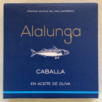 Image of the front of a package of Artesanos Alalunga Mackerel in Olive Oil
