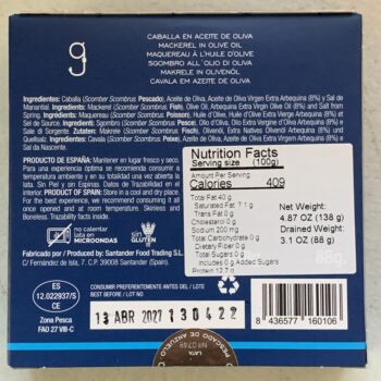 Image of the back of a package of Artesanos Alalunga Mackerel in Olive Oil