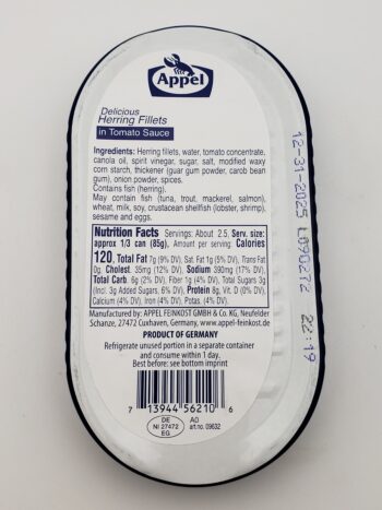 Image of Appel herring in tomato sauce label with nutritinal information