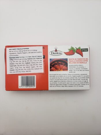 Image of Dantza Pimiento peppers back label with nutritional information