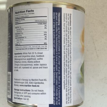 Image of the Nutrition Info panel of a can of Sunnmöre Fish Balls in Brine (Fiskeboller i kraft)