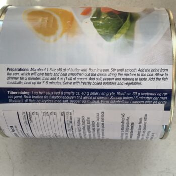 Image of the side panel of a can of Sunnmöre Fish Balls in Brine (Fiskeboller i kraft)
