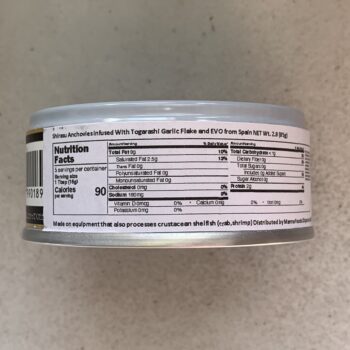 Image of the Nutrition Info panel of a tin of Marusa Shirasu Whitebait ("Anchovies") with Garlic Flakes and Togarishi