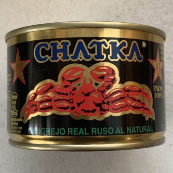 Image of the front of a can of Chatka King Crab 100% Legs, 185g