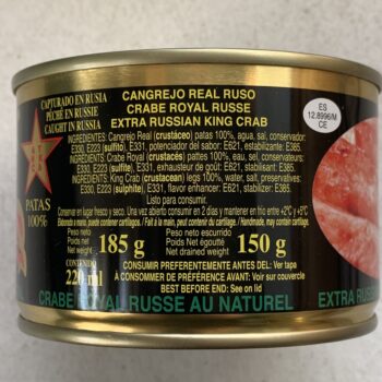 Image of the back of a can of Chatka King Crab 100% Legs, 185g