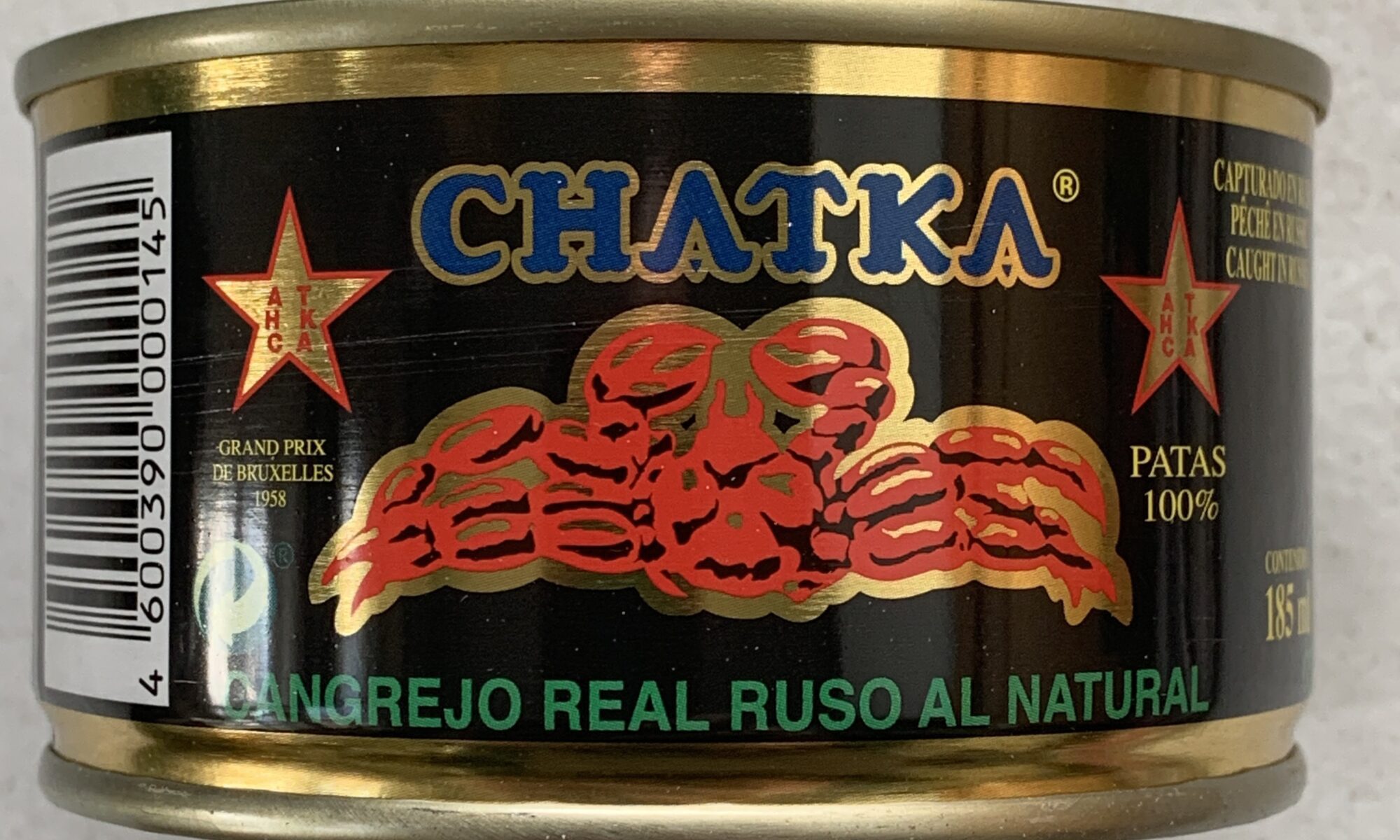 Image of the front of a can of Chatka King Crab 100% Legs, 121g