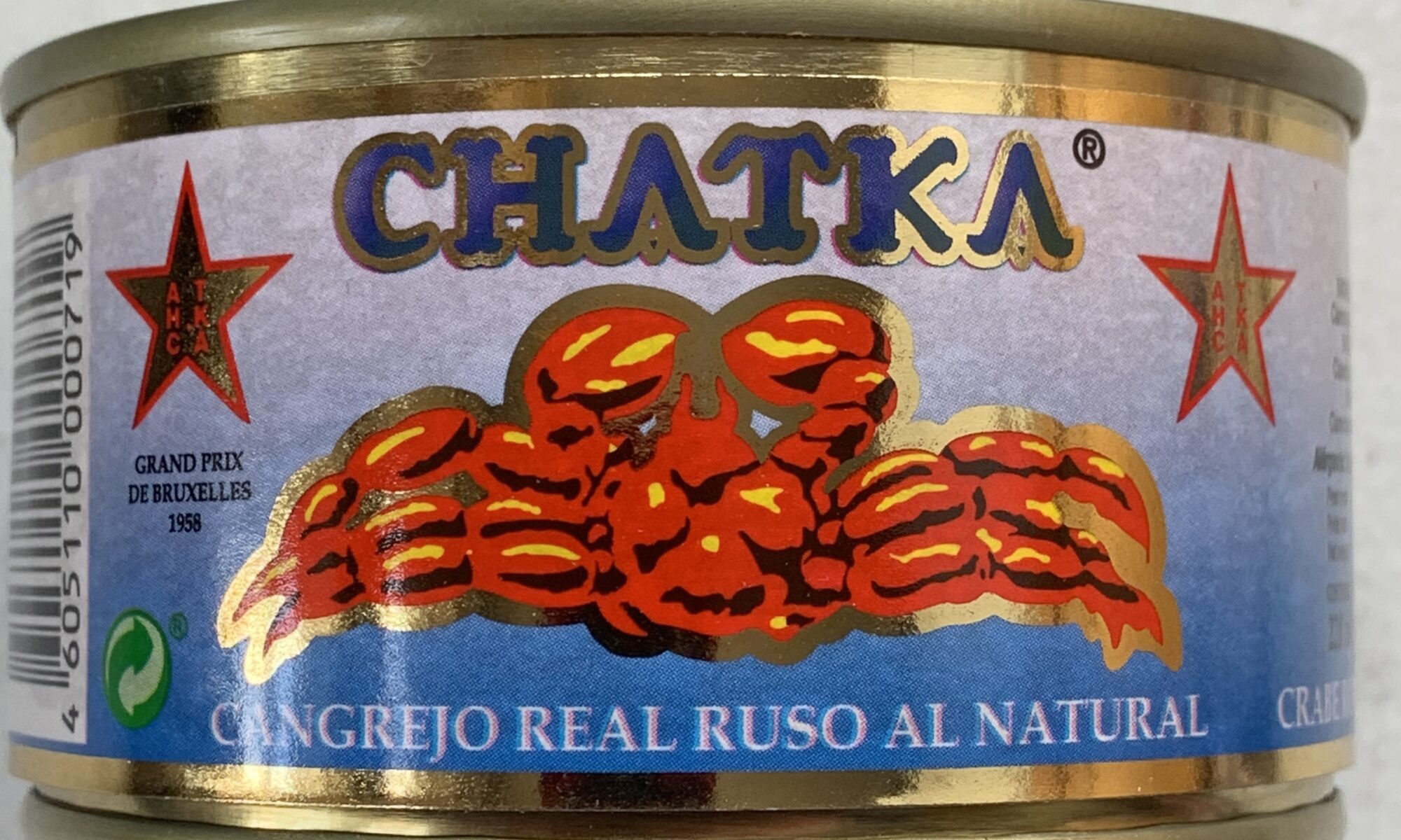 Image of the front of a tin of Chatka King Crab 15% Legs, 121g