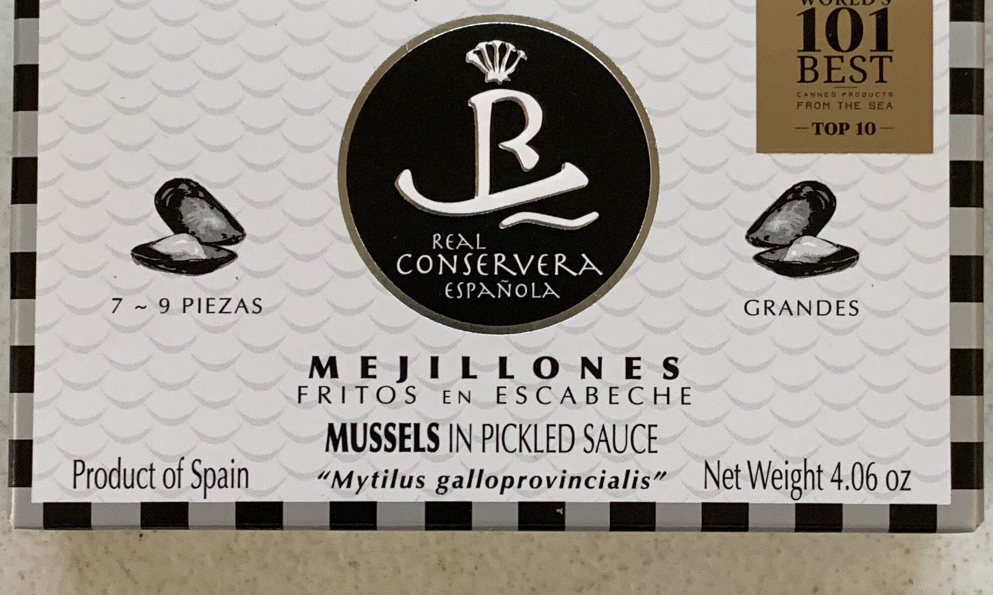 Image of the front of a package of Real Conservera Mussels in Escabeche 7/9