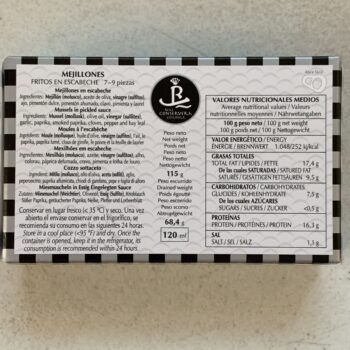 Image of the back of a package of Real Conservera Mussels in Escabeche 7/9