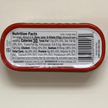 Image of the back of a can of King Oscar Anchovies, Flat Fillets in Olive Oil
