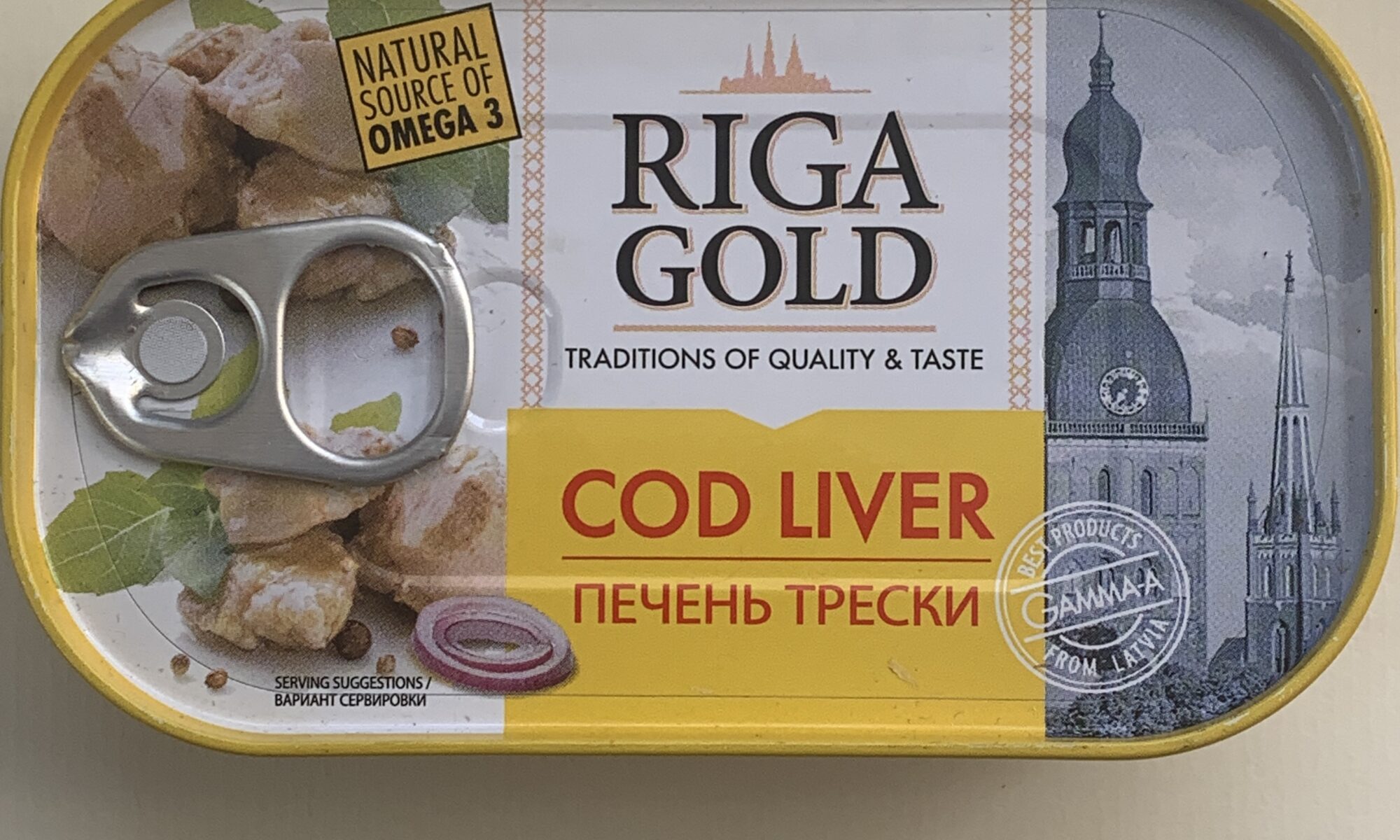 Image of the front of a tin of Riga Gold Cod Liver