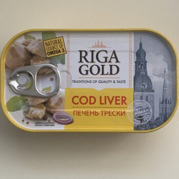 Image of the front of a tin of Riga Gold Cod Liver