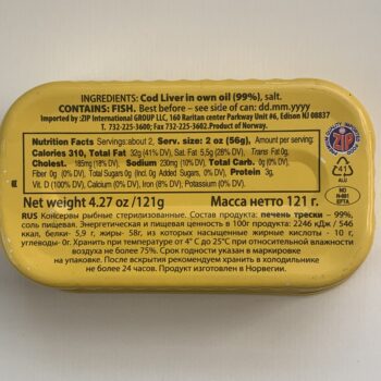 Image of the back of a tin of Riga Gold Cod Liver